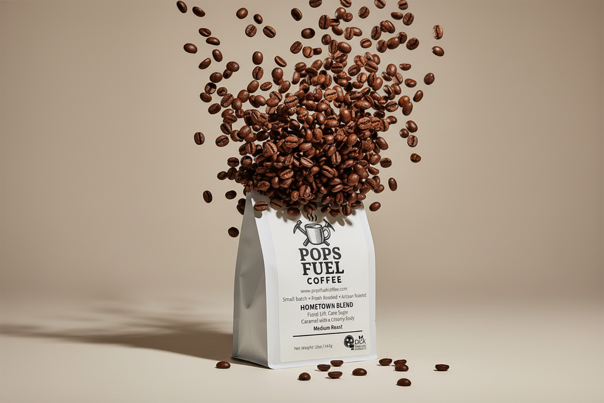 Pops Fuel Coffee Hometown Blend with exploding beans